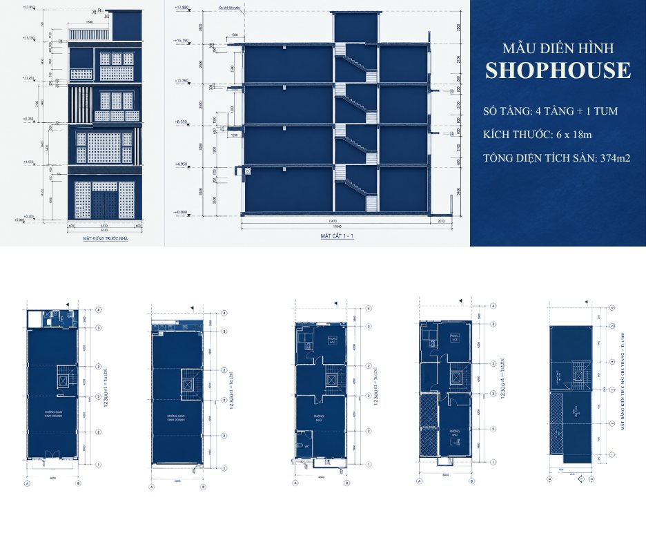 Mẫu điển hình shophouse: 4 tầng + 1 tum, kích thước 6 × 18 m, tổng diện tích sàn 374 m²